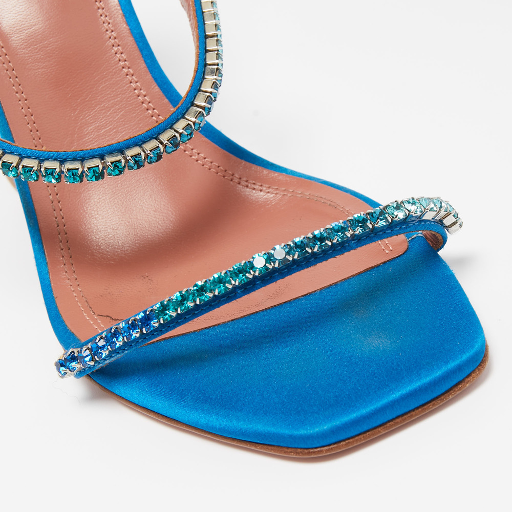 Amina Muaddi Blue Satin Crystal Gilda  Sandals Size 37.5 - Picture 6 of 8
